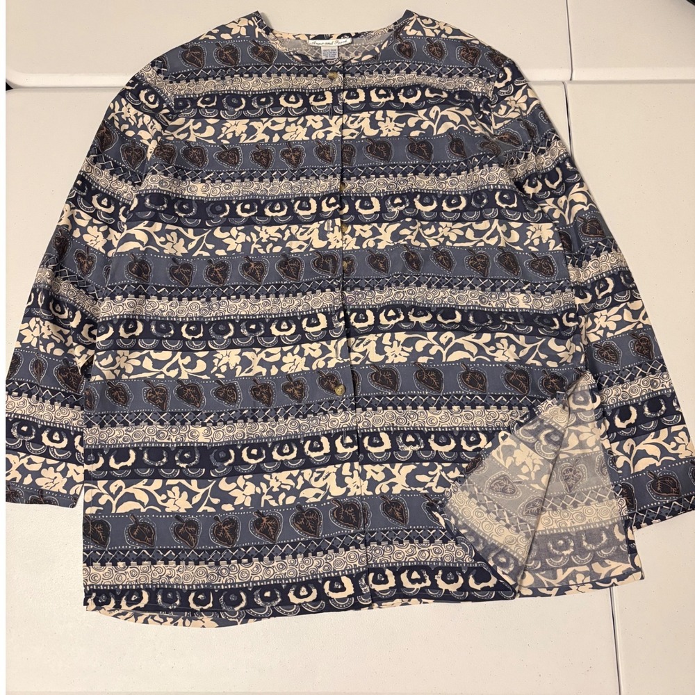 Anna and Frank Vintage 100% Silk Blouse Navy Blue Leaf Print Button Down L g5